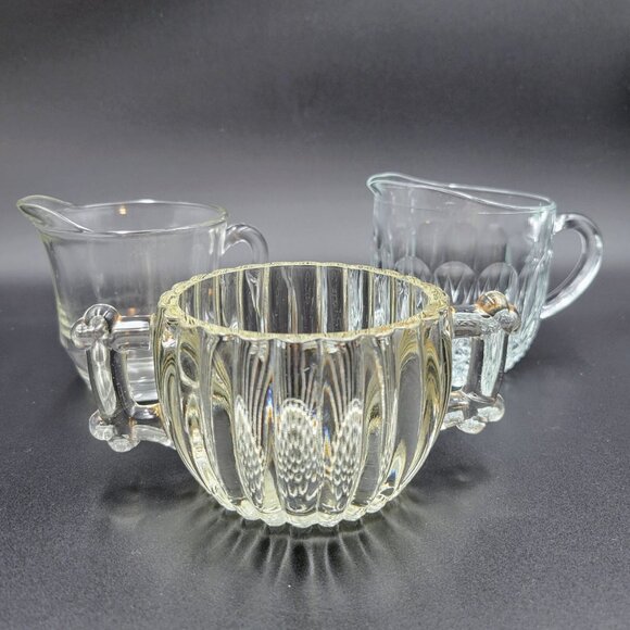 Vintage Creamers Syrup Pitchers Condiment And Sugar Bowl Servers Clear Glass - Picture 1 of 16